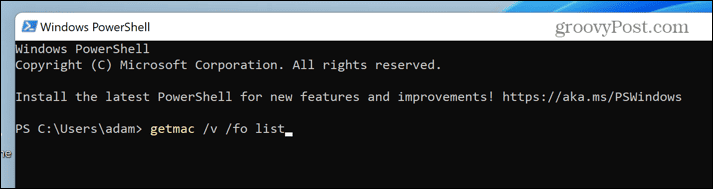 windows 11 powershell getmac command