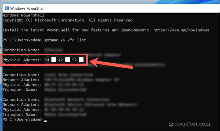 windows 11 mac address in powershell