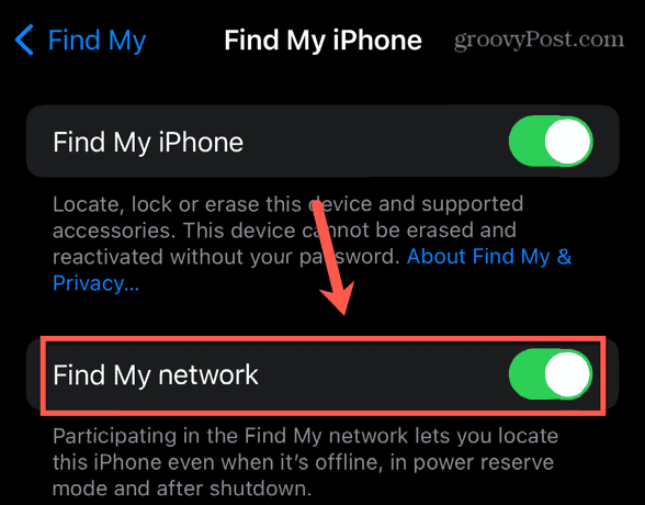 iPhone find my network toggle