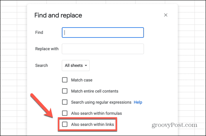 google sheets also search within links