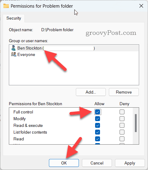 Setting permissions for a folder on Windows