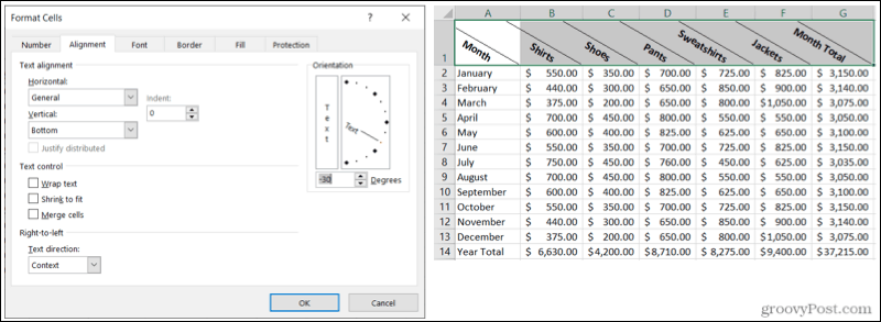 Formatted cell alignment by degrees