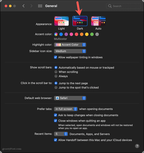 Enable Dark Mode in System Preferences