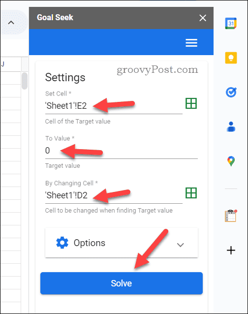 Goal Seek options in Google Sheets