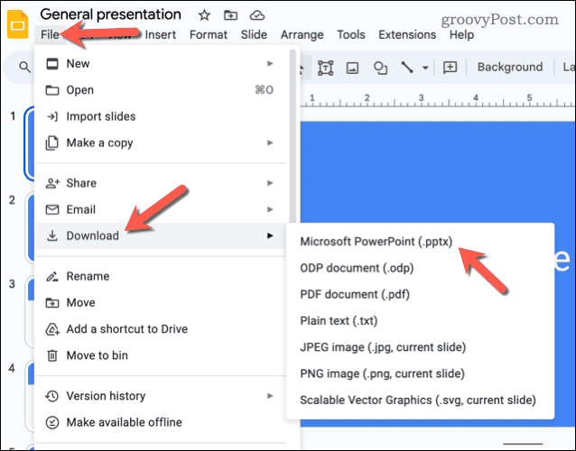 Downloading a Google Slides presentation as a PowerPoint file