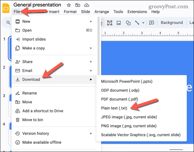 Downloading a Google Slides presentation as a standard text file