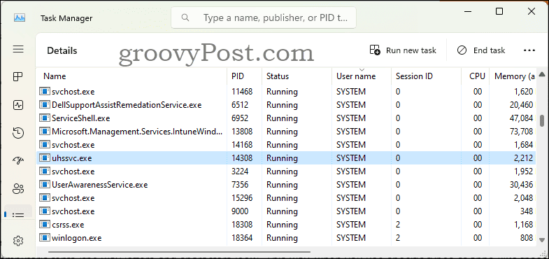 Task Manager showing process uhssvc.exe