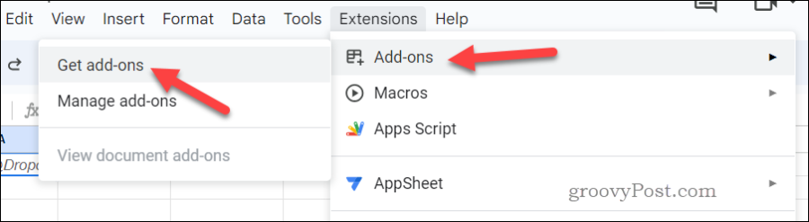 Open Google Sheets add-ons menu