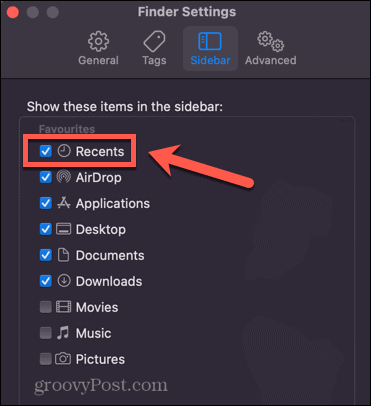 finder settings sidebar recents