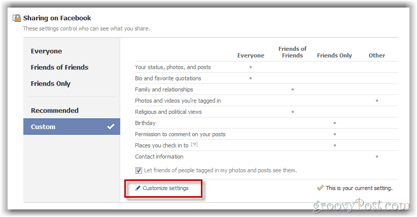 customize facebook privacy settings button