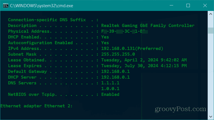 ipconfig command prompt windows 10