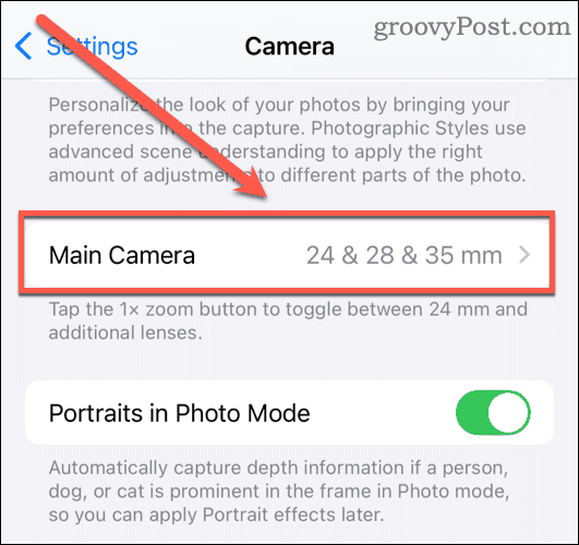 Main Camera option in Settings on iPhone 15 Pro