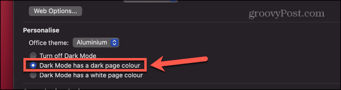 word for mac dark mode has a dark page color