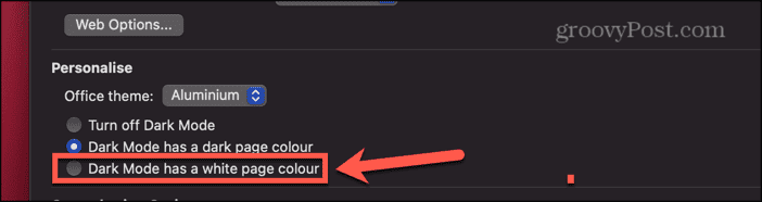 word for mac dark mode has a white page color