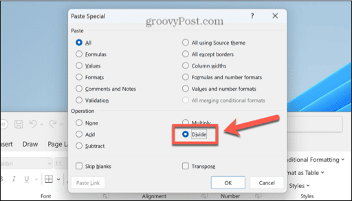 excel paste special divide