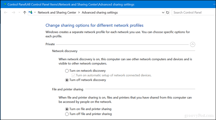 Advanced network profile settings