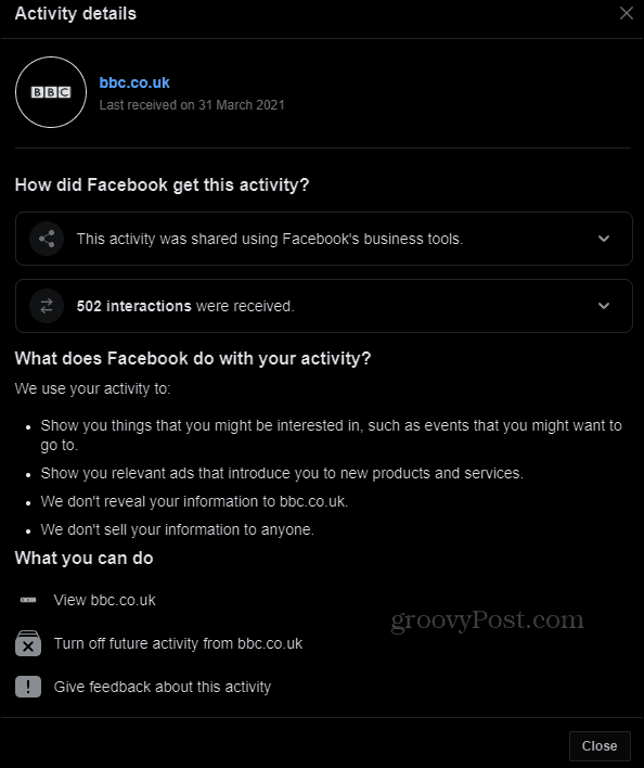 Off-Facebook activity Manage details