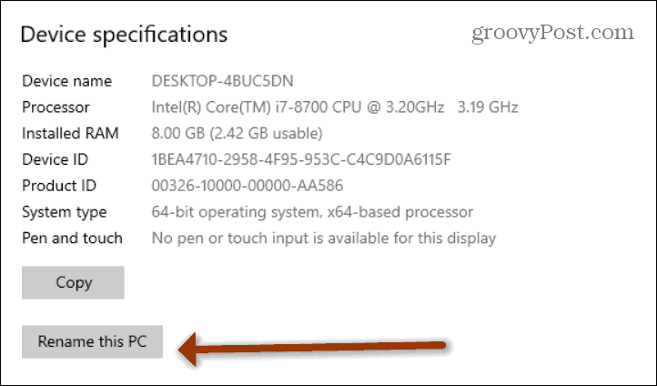 Rename this PC windows 10