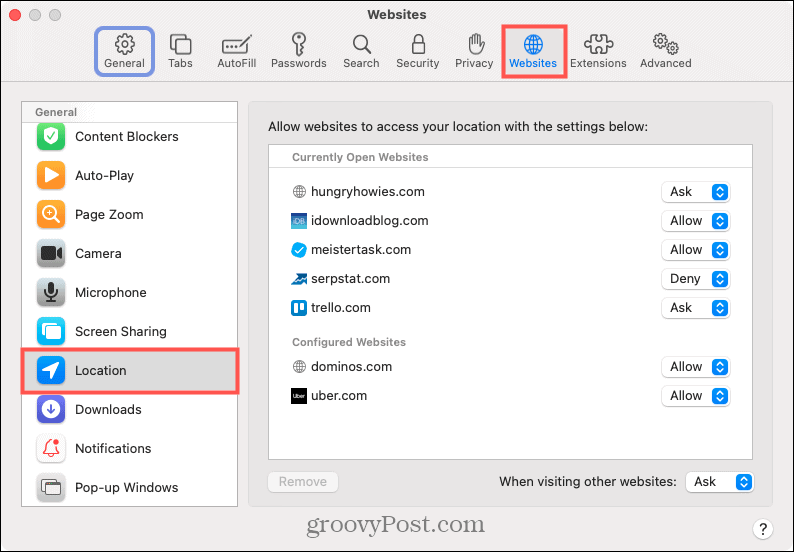 Safari Preferences, Websites, Location