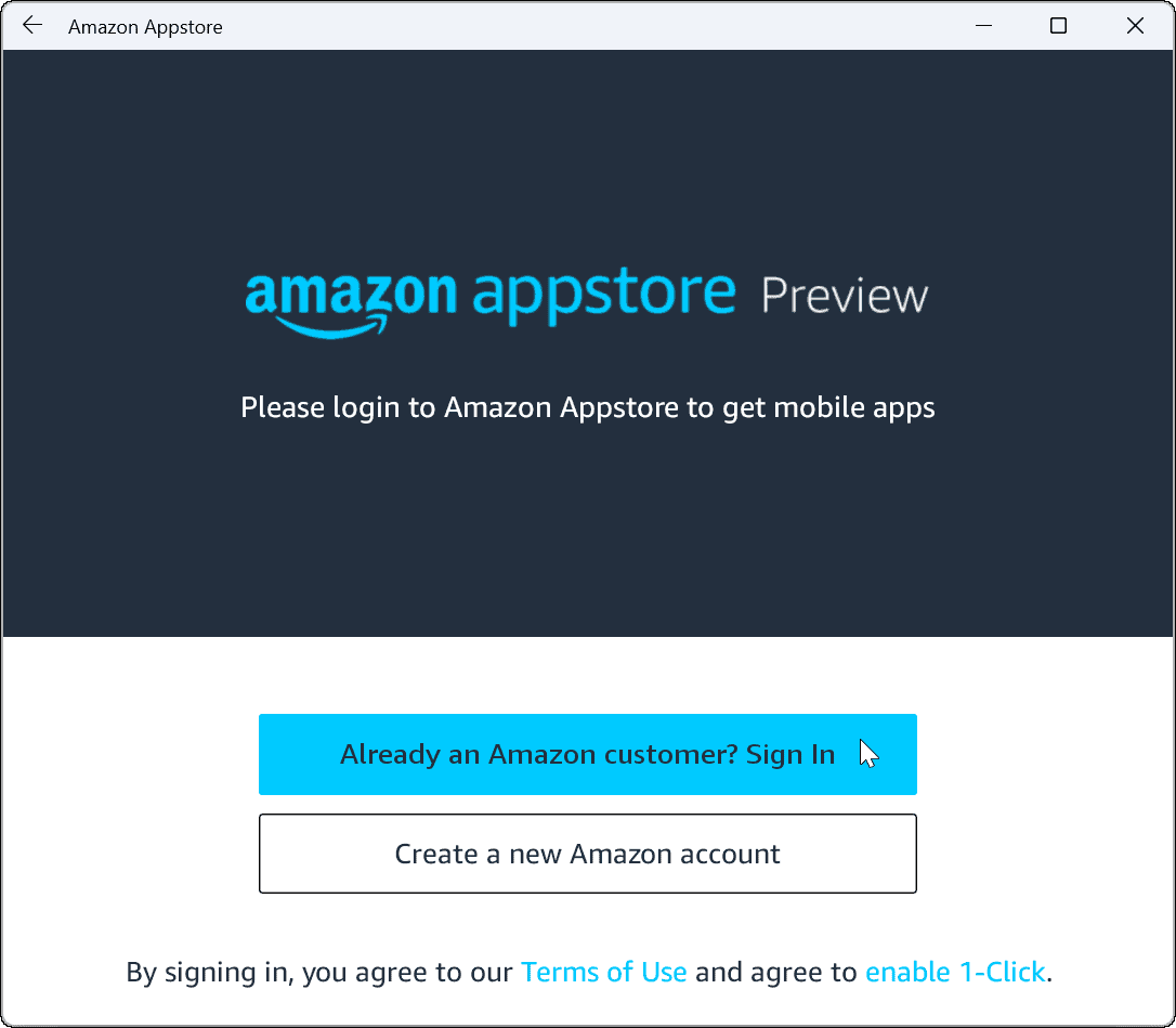 Sing into Amazon Appstore on Windows 11