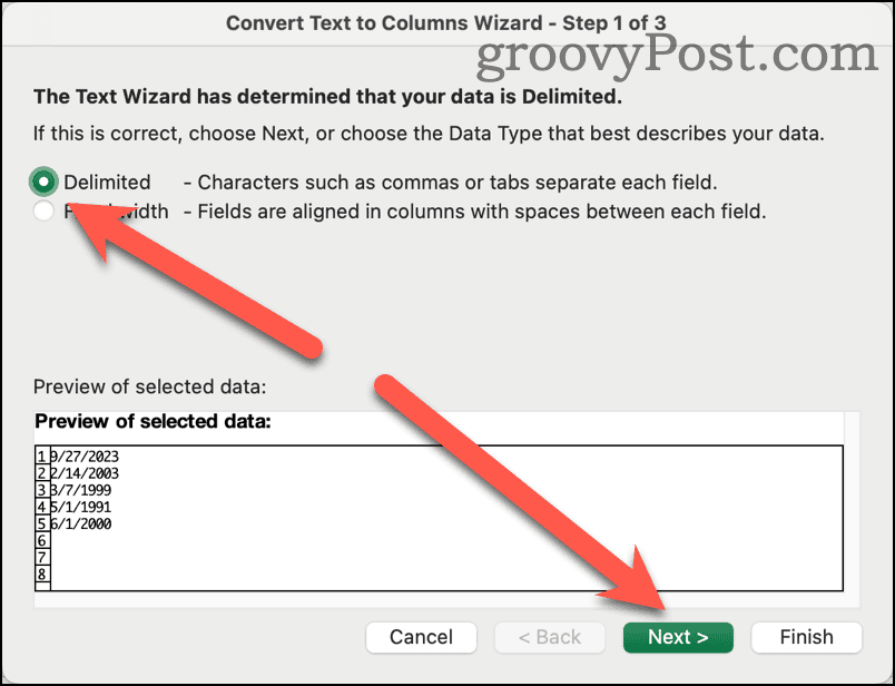 Split Text Into Columns Wizard First Step