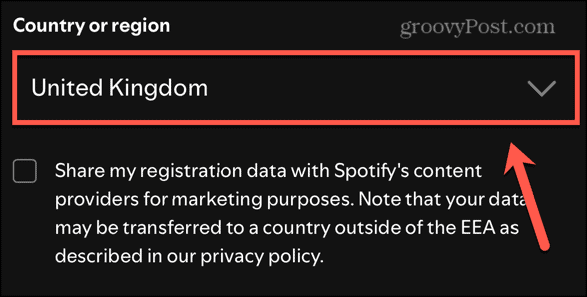 Spotify region dropdown
