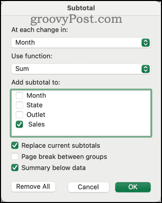 Subtotal Dialog in Excel