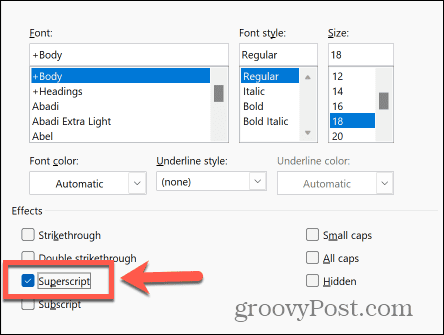 word superscript checkbox