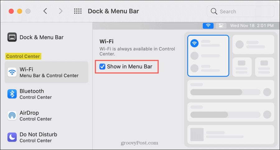 Control Center to Menu Bar