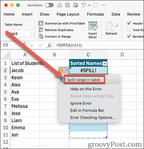 Table error