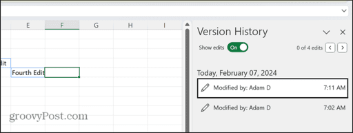 excel version history pane