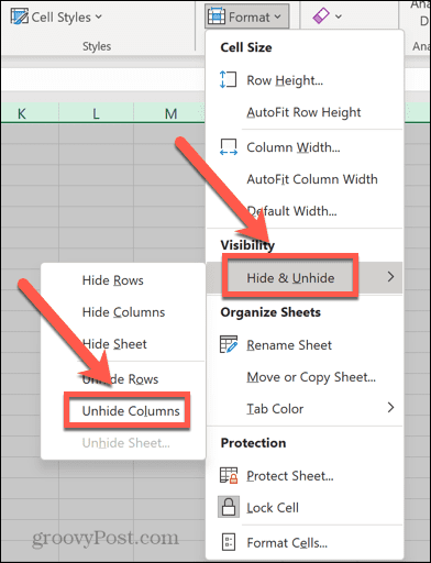 excel format menu unhide columns