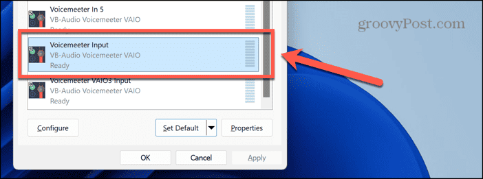 select voicemeeter input