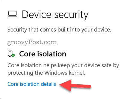 Opening the Core Isolation settings menu