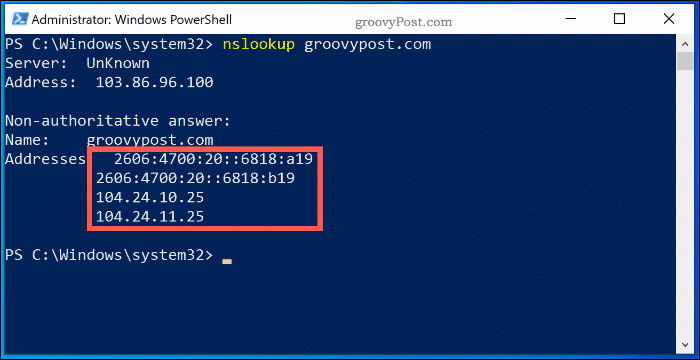 The NSlookup command in a Windows 10 PowerShell Window, showing the name server lookup information for Groovypost.com