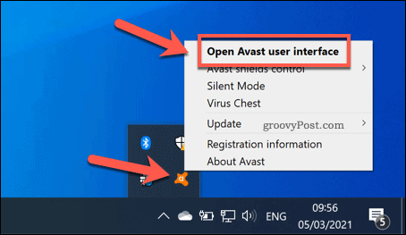 Opening the Avast user menu