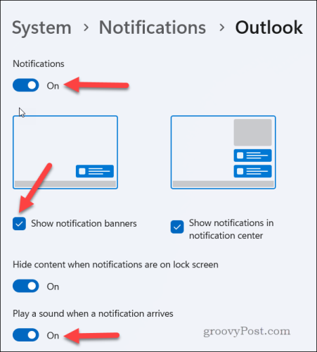 Setting specific Outlook notification settings in Windows Settings