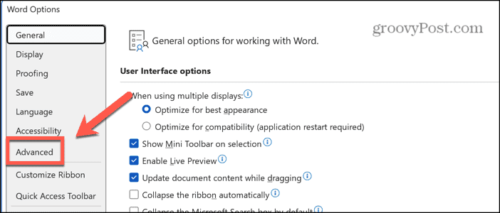 word advanced options