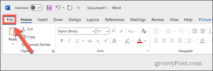 File menu in Word