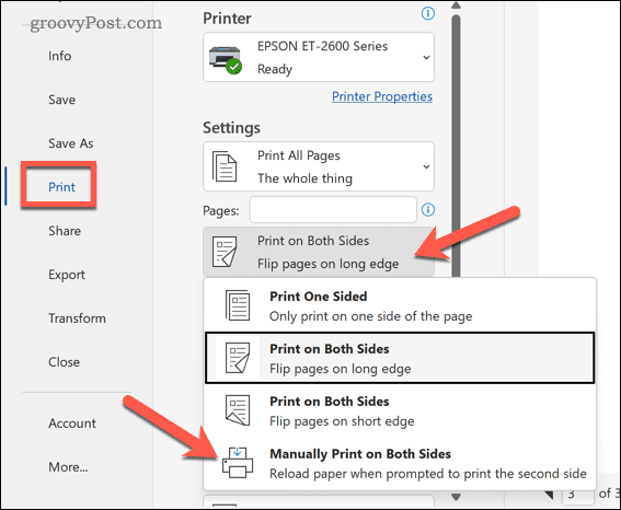 Manually printing in Word