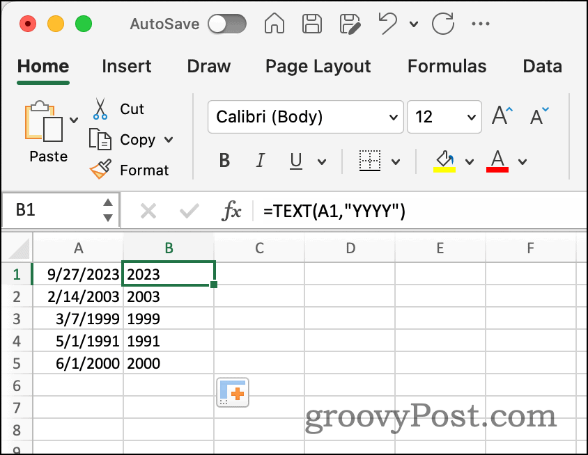 Year extracted using text function